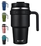 ALOUFEA 20 oz Insulated Coffee Mug Tumbler with Handle&comma; Stainless Steel Travel Mug Tumbler with Lid and Straw&comma;Double Wall Vacuum Leak Proof Ice Coffee Thermal Cup&comma; Black