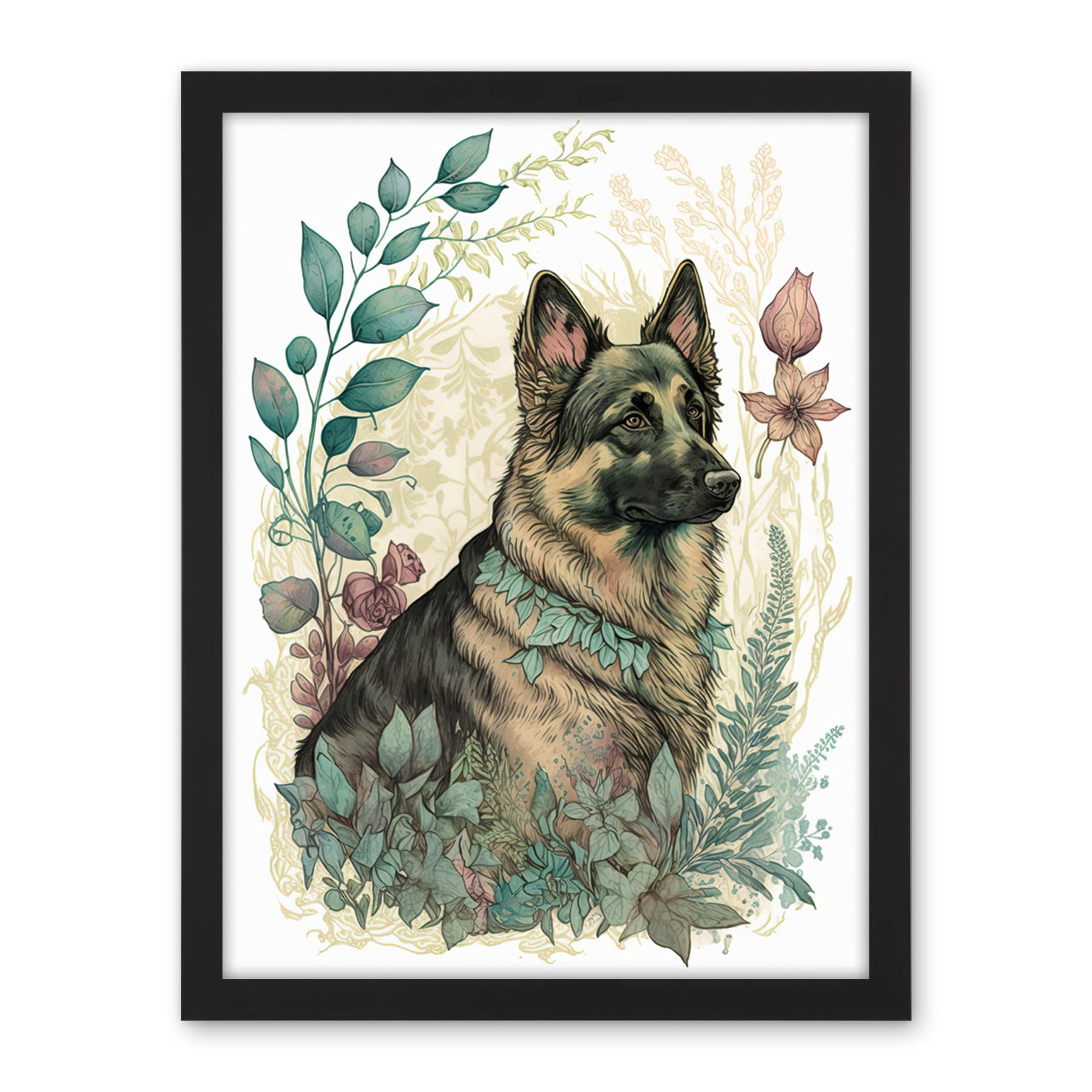 Artery8 German Shepherd Dog with a Leaf Collar Spring Field Boho Pastel Watercolour Illustration Artwork Framed Wall Art Print 18X24 Inch