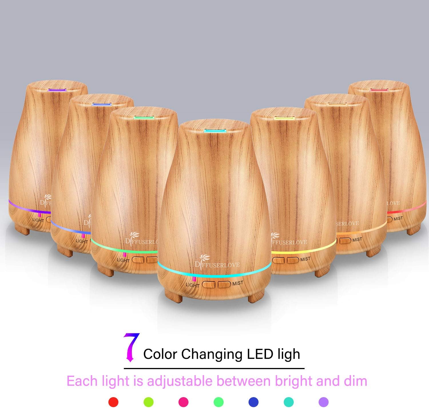 Diffuserlove Essential Oil Diffuser 200ML Ultrasonic Wood Grain Aroma Diffuser Mist Humidifiers with 7 Color LED Lights, Auto Shut-off Function for Bedroom Office Room House