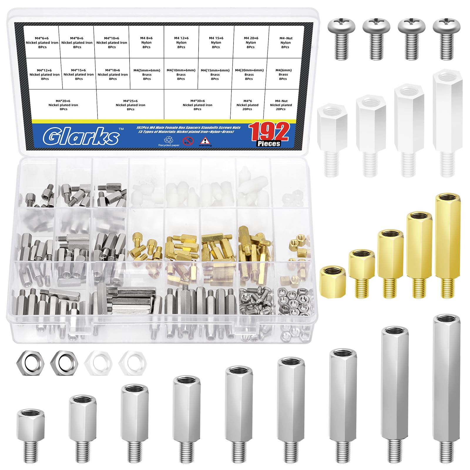 Glarks 192pcs M4 Carbon Steel & Nylon & Brass Standoff Set Hex Mount Spacer Motherboard Spacer Male-Female Spacer Standoff with Pan Head Screw Nylon Screw Nut and Hex Nut for PCB Quadcopter Drone