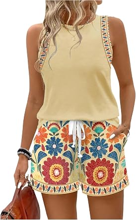 RoseSeek Womens 2 Piece Beach Vacation Clothes Floral Tank Top and Shorts Set Tropical Summer Outfits