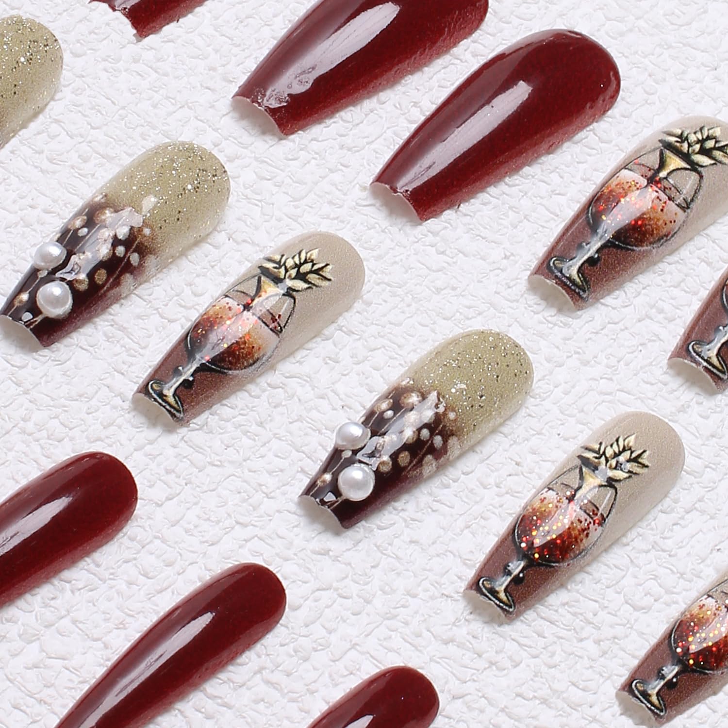 Christmas Press on Nails Medium Coffin Fake Nails New Year Theme Glitter Wine Glass Christmas Balls Clock Designs Full Cover Acrylic Nails Sparkly Xmas Stick on Nails for Women Nail Art DIY 24 Pcs