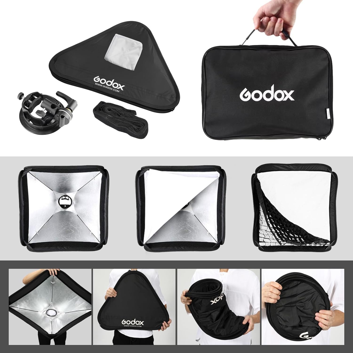 Godox Kit de boîte à lumière 60 x 60 cm avec support S2 en S avec grille, SGGV6060, convient pour Studio Godox V1, AD200PRO, V860II, TT685, TT350, AD400PRO, V1PRO, V100