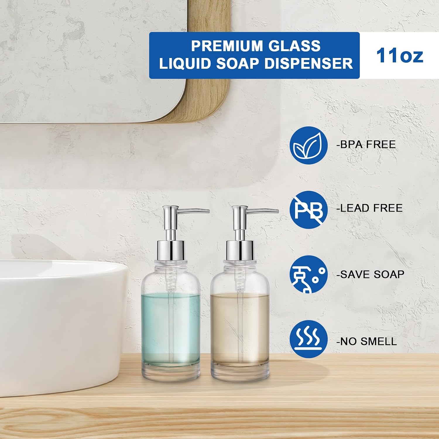 Glass Liquid Soap Dispenser Bathroom, 2PCS 11oz Kitchen Reusable Soap Dispenser with Pump, Modern Refillable Liquid Soap (Clear)