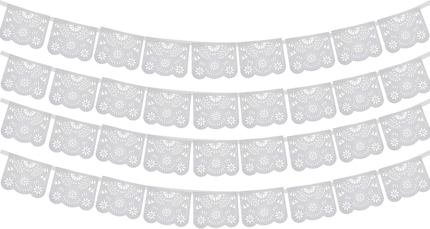 5 Pack Papel Picado Banner - Cream White Mexican Party Decorations, Day of the Dead Papel Picado Backdrop for Wedding, Fiesta Garland