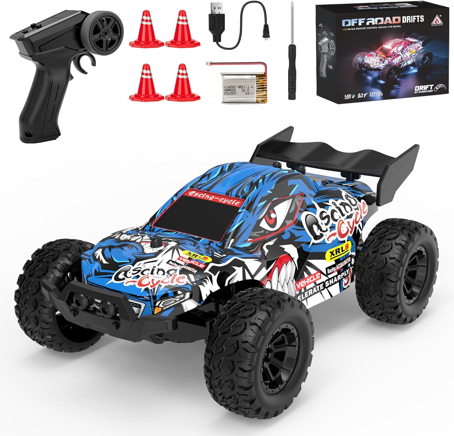 1:32 High Speed 25 KM/H(Peak) Monster Remote Control Car with LED Lights, Speed/Steering Adjustable Drift rc Car with Rechargeable Battery, 360° Rotation - Boys Toys Gifts for Christmas Birthdays