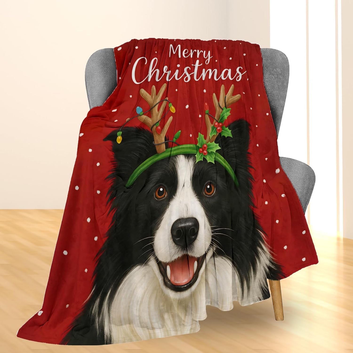 Christmas Border Collie Blanket, Soft Lightweight Flannel Cute Dog Holiday Throw Blanket for Couch, Bed, Travel & Home Decor Gifts, Cozy Warm Blankets for Women Girls Adults Kids 60×50 in