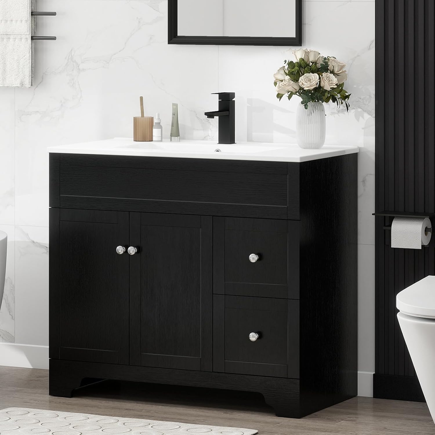 YOURLITE 36" Bathroom Vanity with Sink Combo, Modern Bathroom Storage Vanities Set with 2 Drawers and 1 Soft Closing Door, Ceramic Undermount Sink, Faucet & Pop Up Drain Set, Black