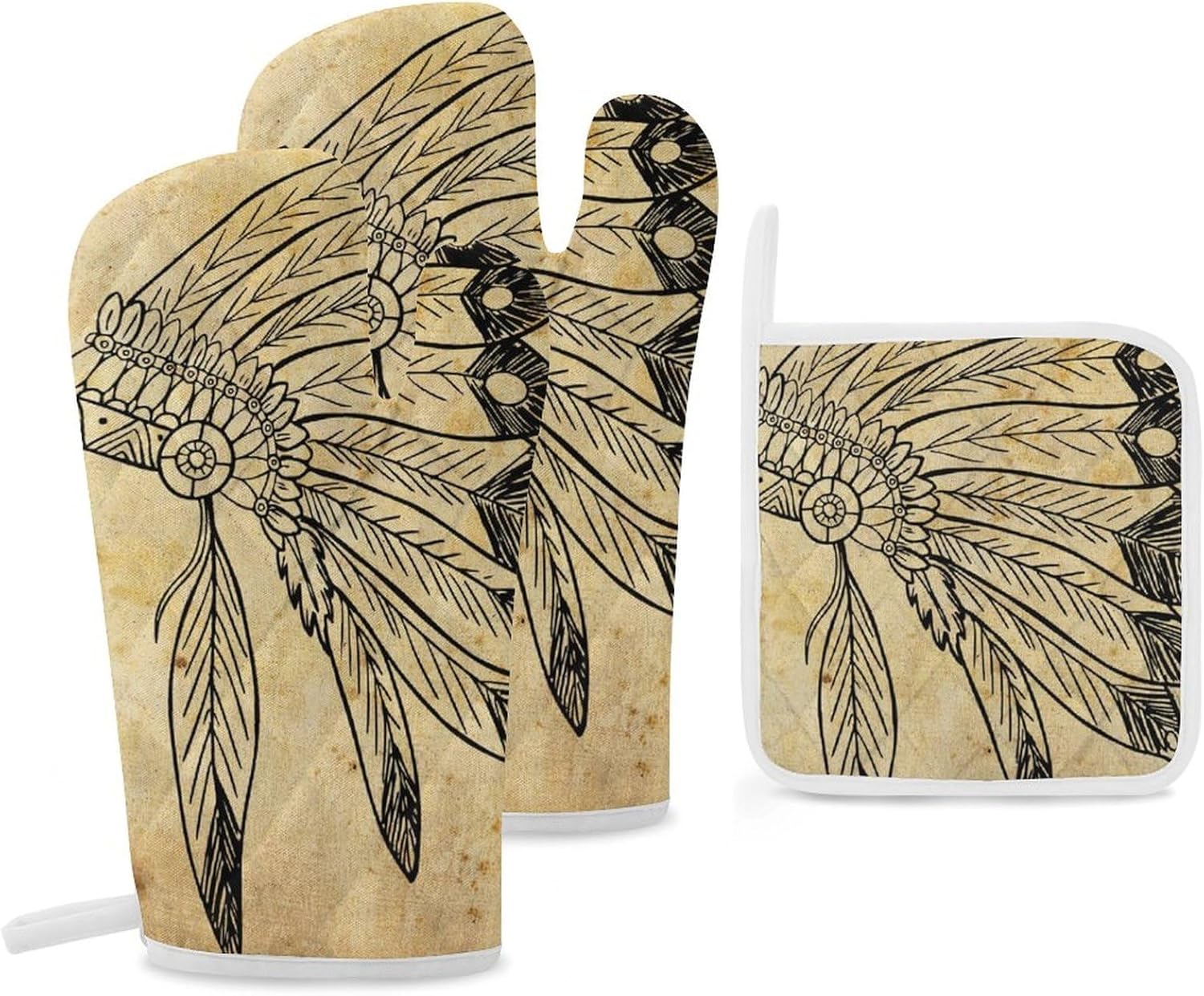 Native American Headdress Print Oven Mitts and Pot Holders 3 Piece Sets Heat Resistant Gloves Hot Pads Potholders for Kitchen Baking Cooking