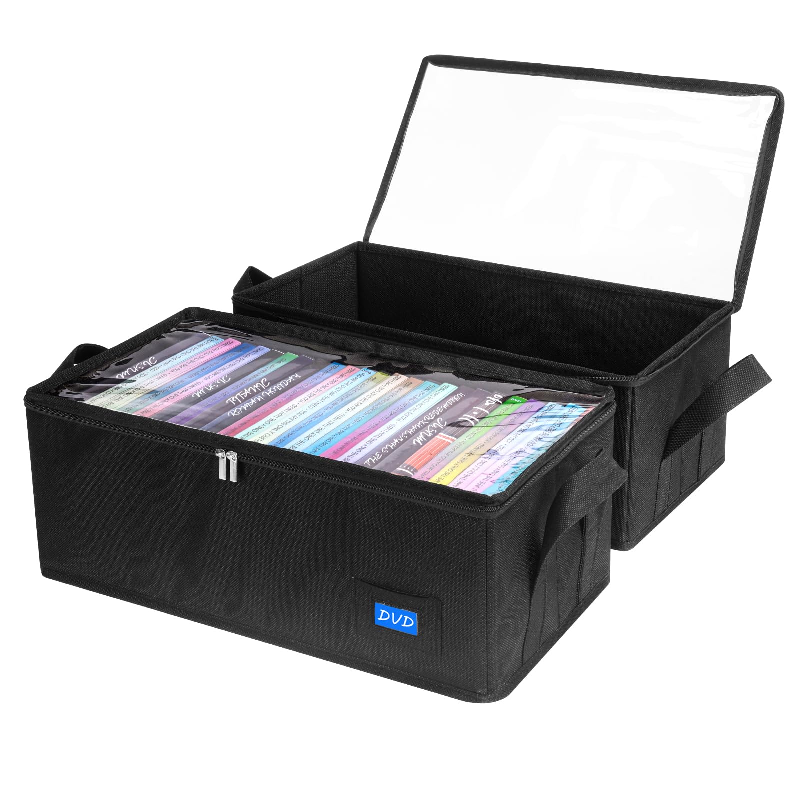 BOATISLE DVD Case Holder with Handles and Clear Lid, 2-Pack Black – DVD Storage Box with Label Slots, Portable Organizer for Media Collection and