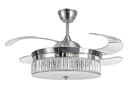 Kanz Enterprises Designer Modern Imported Ceiling Fan with Transparent Acrylic Retractable Blades with LED Light & Remote Control, Lookalike Chandelier Lamp K-518, Silver