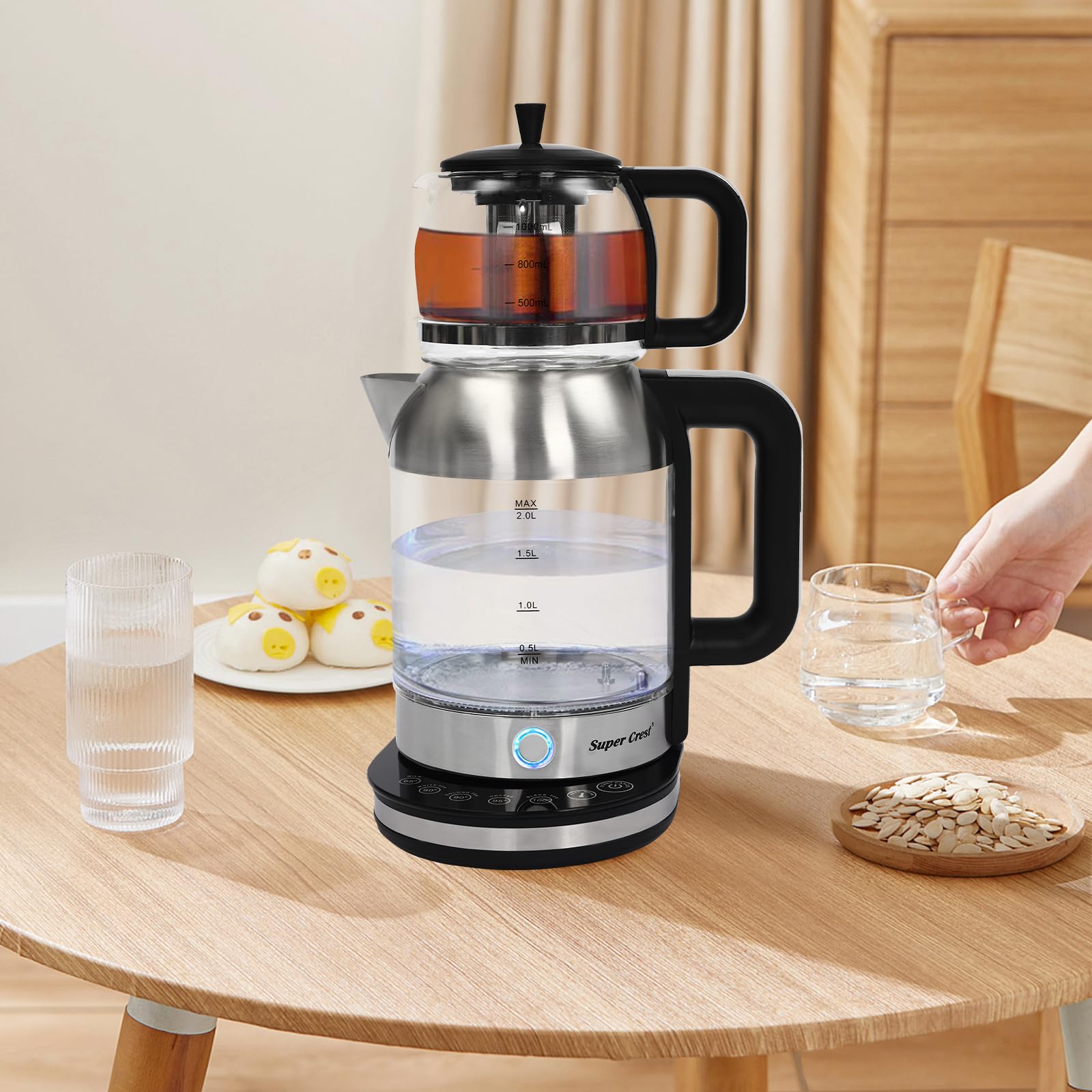 Doppelter Wasserkocher Teekocher, Tragbarer Glas Heißwasserkocher mit Temperaturregelung, für Büros, Hotels, Wohnungen, Hausgebrauch (2.5L Großen Wasserkochers+1L Kleinen Teekanne)
