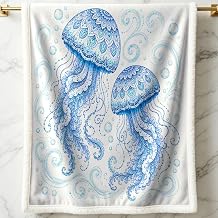 Ocean Jellyfish Sherpa Blanket Throw for Couch Bed Coastal Decor Soft Fuzzy Reversible Fleece for Adults Teens Dorm Living Room Blue Ocean Art Blankets 50x60 Inches