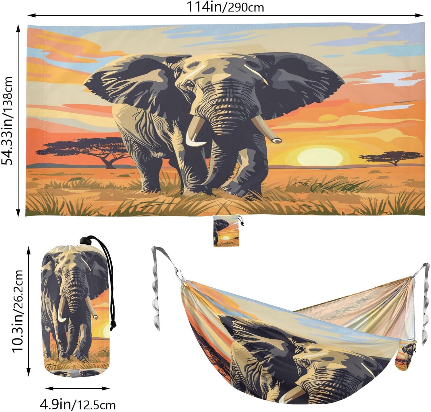 ALAZA African Elephant Sunset Camping Hammocks Single or 2 Person 500 lbs Portable Parachute Travel Hammock w/Tree Straps for Hiking Backpacking Indoor Outdoor
