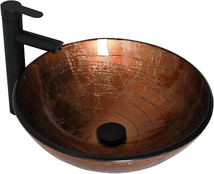 17 Small Brown Glass Vessel Sink with Faucet and Drain Combo 17 Inch Modern Oval Above Counter Bathroom Bowl Vanity Sink Artistic 5 Inch Deep Basin