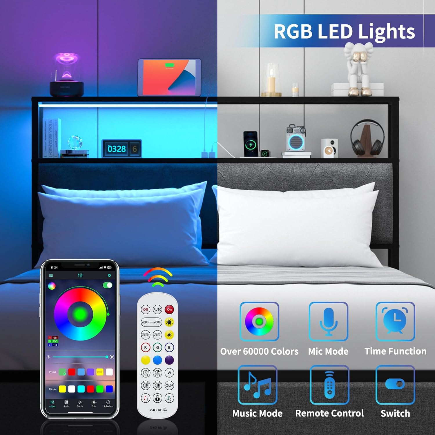 Yoobure Full Size Bed Frame with Headboard, Metal Platform Bed Frame Full Size with Storage Shelf & Drawers, Bed Frames, Bedframe with Charging Station & LED Light, No Box Spring Needed, Noise Free