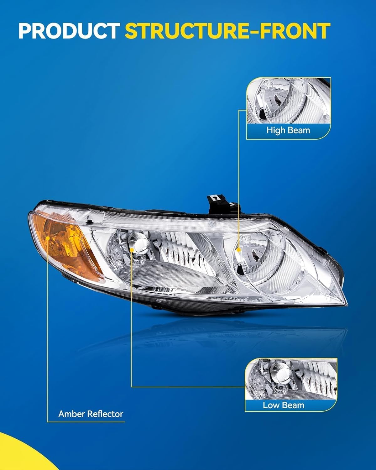 PHILTOP Headlight Assembly Replacement for 2006-2011 Civic Sedan 4-Door, Amber Headlamp Reflctor Clear Lens Chrome Housing