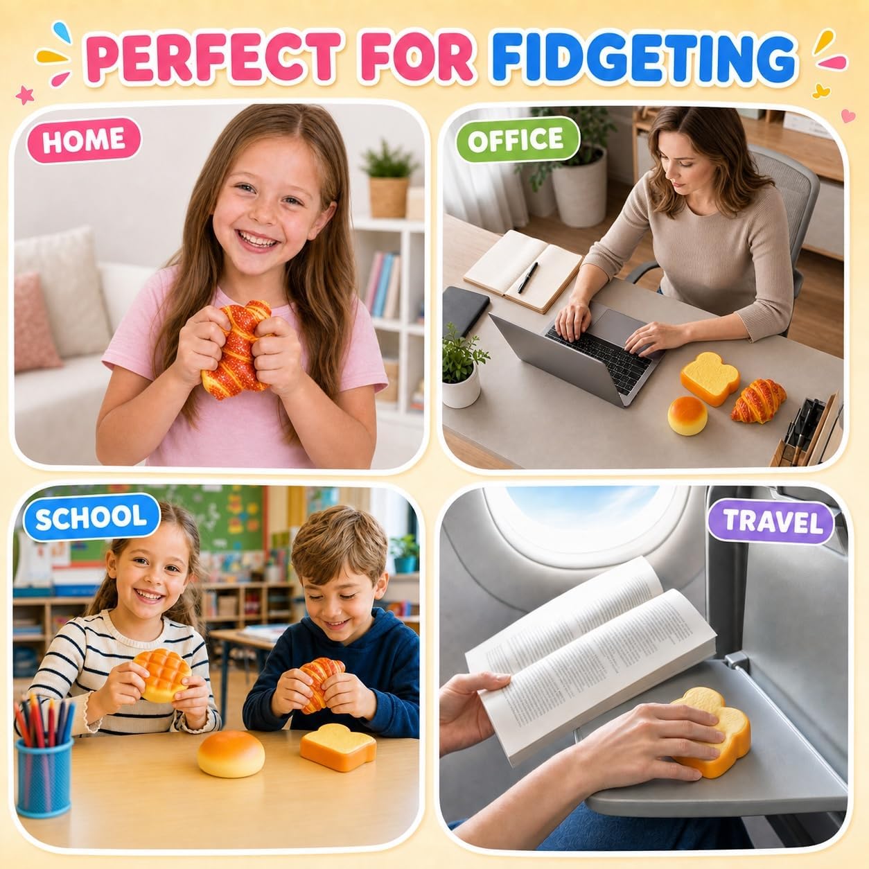 4PCS Slow Rising Squishy Fidget Toys Food Squeeze for Adults Kid | stress relief sensory play; cute bread set, 3.5-6 in; Non-toxic soft PU material; gift-ready party favor, birthday gift