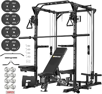 JEEKEE Power Cage with Cable Crossover System, 2000LB Multi-Function Power Rack with Independent Dual Pulleys, LAT Pulldown Seat Cushion, 20+ Attachments Squat Rack for Home Gym Workout,Black