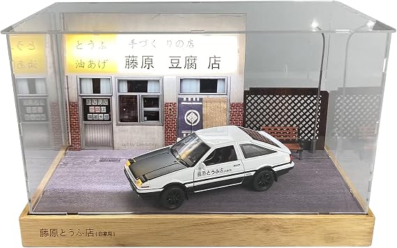 128 Scale Initial D Fujiwara Takumi Tofu Shop Scene Model Home Kids Room Decoration Ornament with Trueno AE86 Sprinter Alloy Diecast Model Scene with Black & White AE86