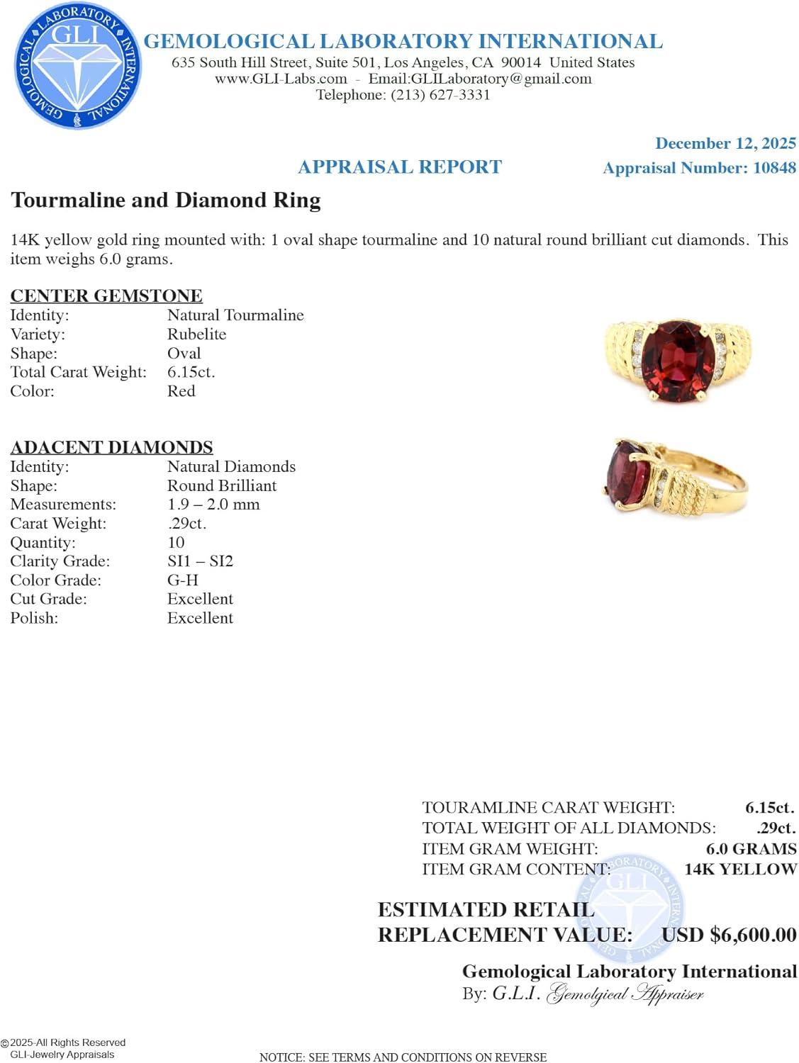 14K Yellow Gold Natural Tourmaline Ring with Diamonds, 6.15 Carat Oval Red Rubellite, Diamond Accents, Textured Band - Image 3