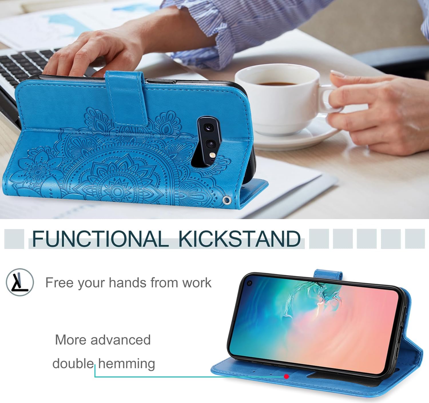 Compatible with Samsung Galaxy S10e Wallet Case and Wrist Strap Protector Flower Leather Flip Credit Card Holder Stand Cell Accessories Phone Cover for S 10e 10se Se10 Girls Women Blue image 4