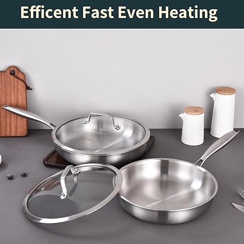 Miniatura 7 de DELARLO Juego de Sartenes de Acero Inoxidable de Tres Capas con Tapa de 8" 10" Sartenes Grandes de Inducción, Sartén de Chef, Juego de Ollas y