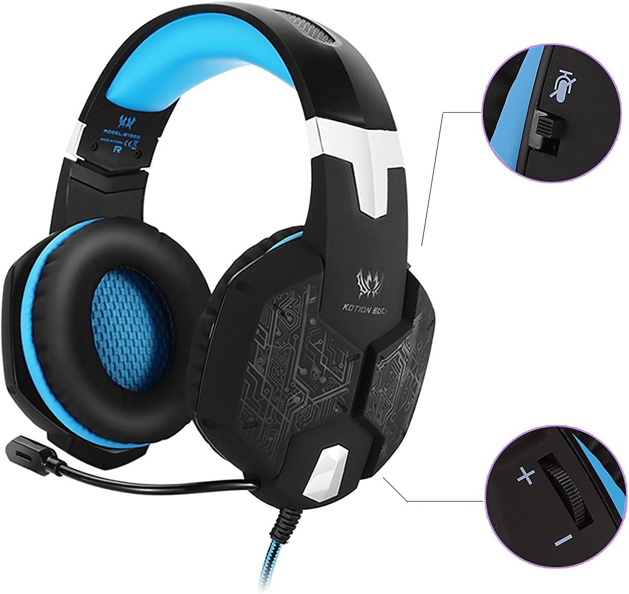 XINKSD Stereo Over-ear Gaming Headset with 7 Colors Breathing LED Light and Microphone - Blue
