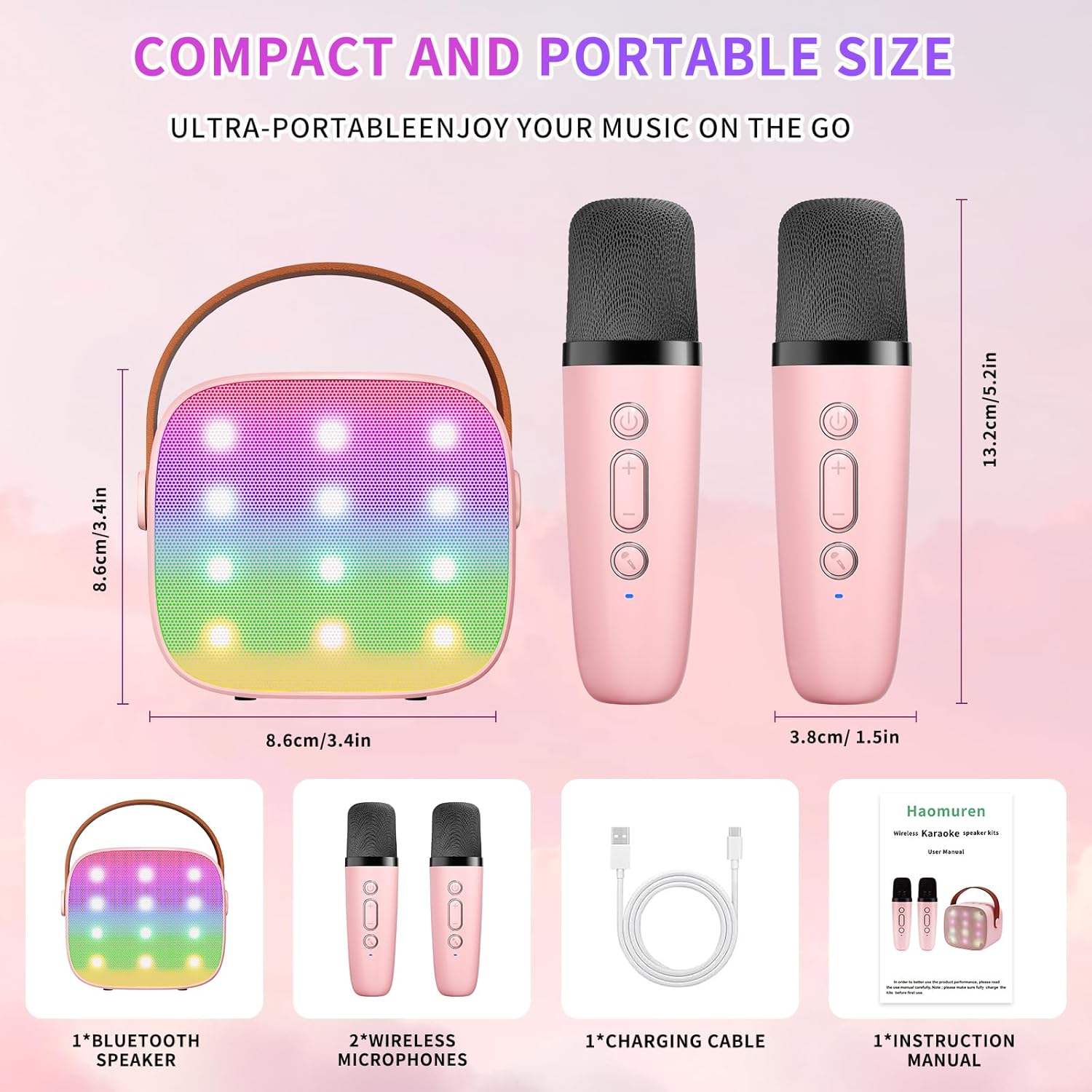 Contents of the Haomuren K1 Mini Karaoke Machine box: pink speaker, two pink wireless microphones, a Type-C charging cable, and a user manual.
