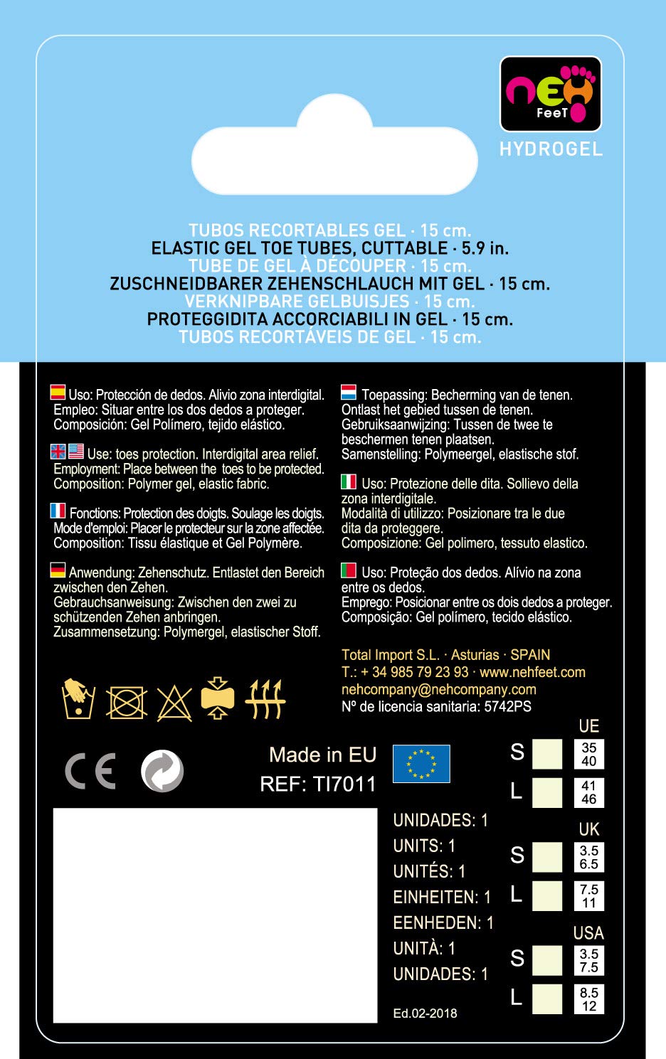 TI7011/L - Protector para dedos tubo elástico con Gel 15 cm Recortable, Eu 41-46 Nude