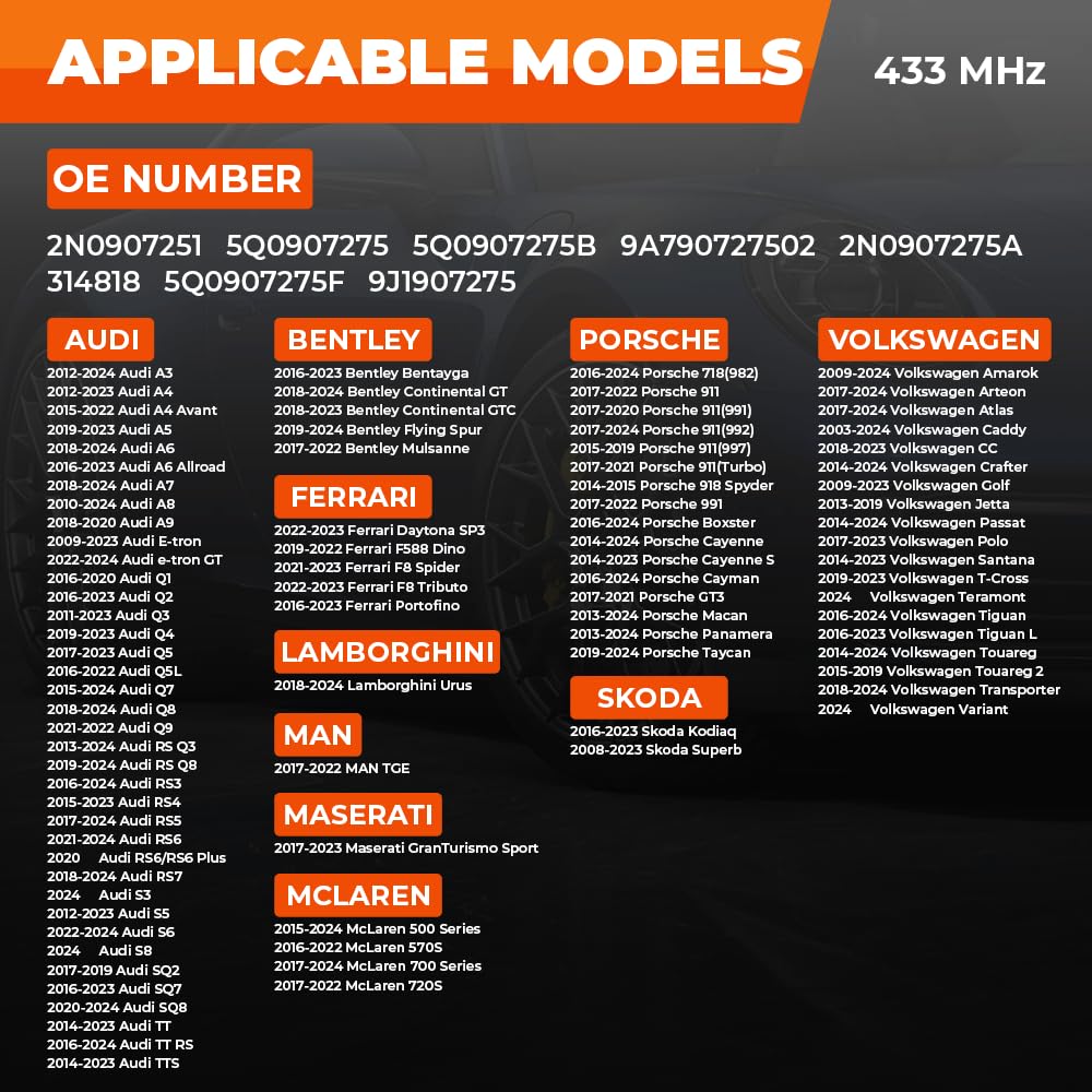 4-Pack Tire Pressure Monitoring System Sensors fit for Audi A3 A4 A5 A6, Volkswagen Tiguan Atlas Golf Polo, Porsche Bentley Ferrari Maserati, 433MHz TPMS Sensor Replaces 5Q0907275B 5Q0907275F