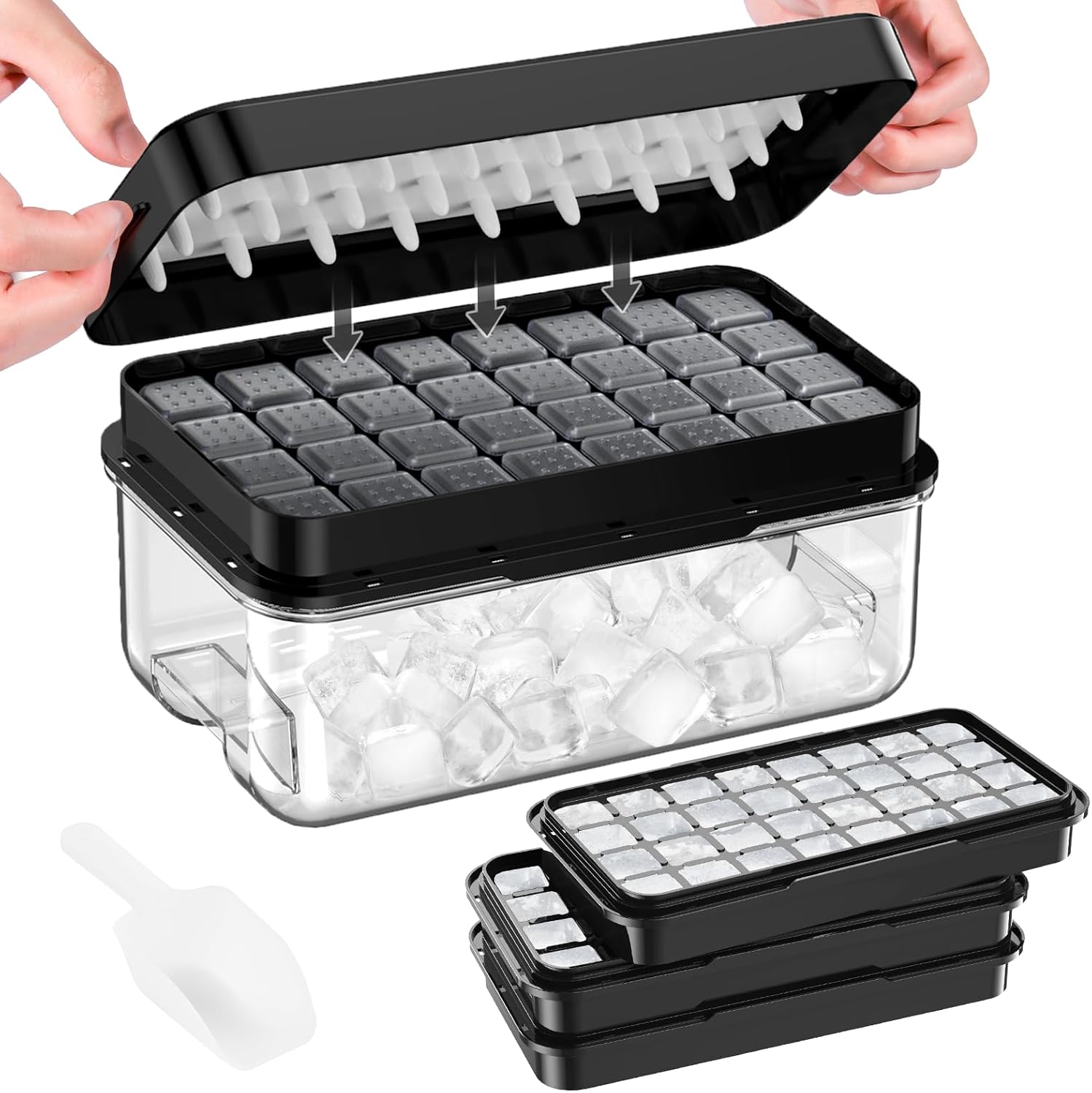 PHINOX Ice Cube Tray with Lid and Bin, 3 Pack Plastic Ice Cube Tray Molds, 96(4*8*3) pcs Ice Trays for freezer, Chilling Drinks, Whiskey & Cocktails, with Ice Container and Ice Scoop, BPA-Free, Black Black 3-tier