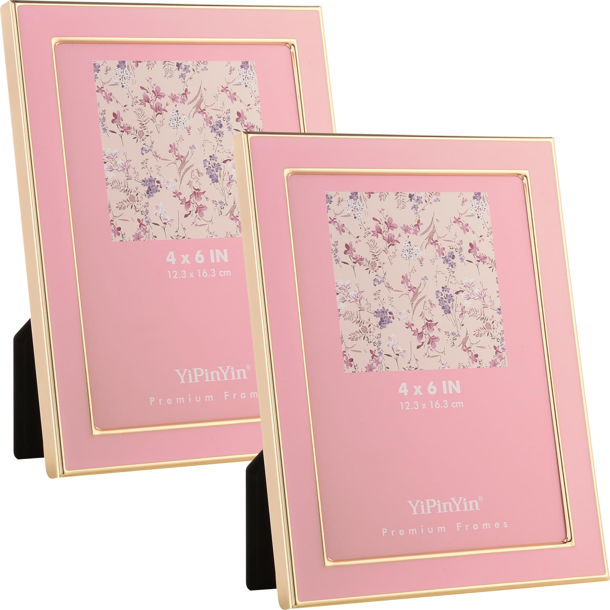 2-Pack 4x6'' Pink Enamel Picture Frames with Gold Plated Edge,HD-Tempered Glass & Velvet Back,Light Pink Décor for Countertop,Counterspace,Tabletop Display,Bookshelf,Desk,Wall Décor