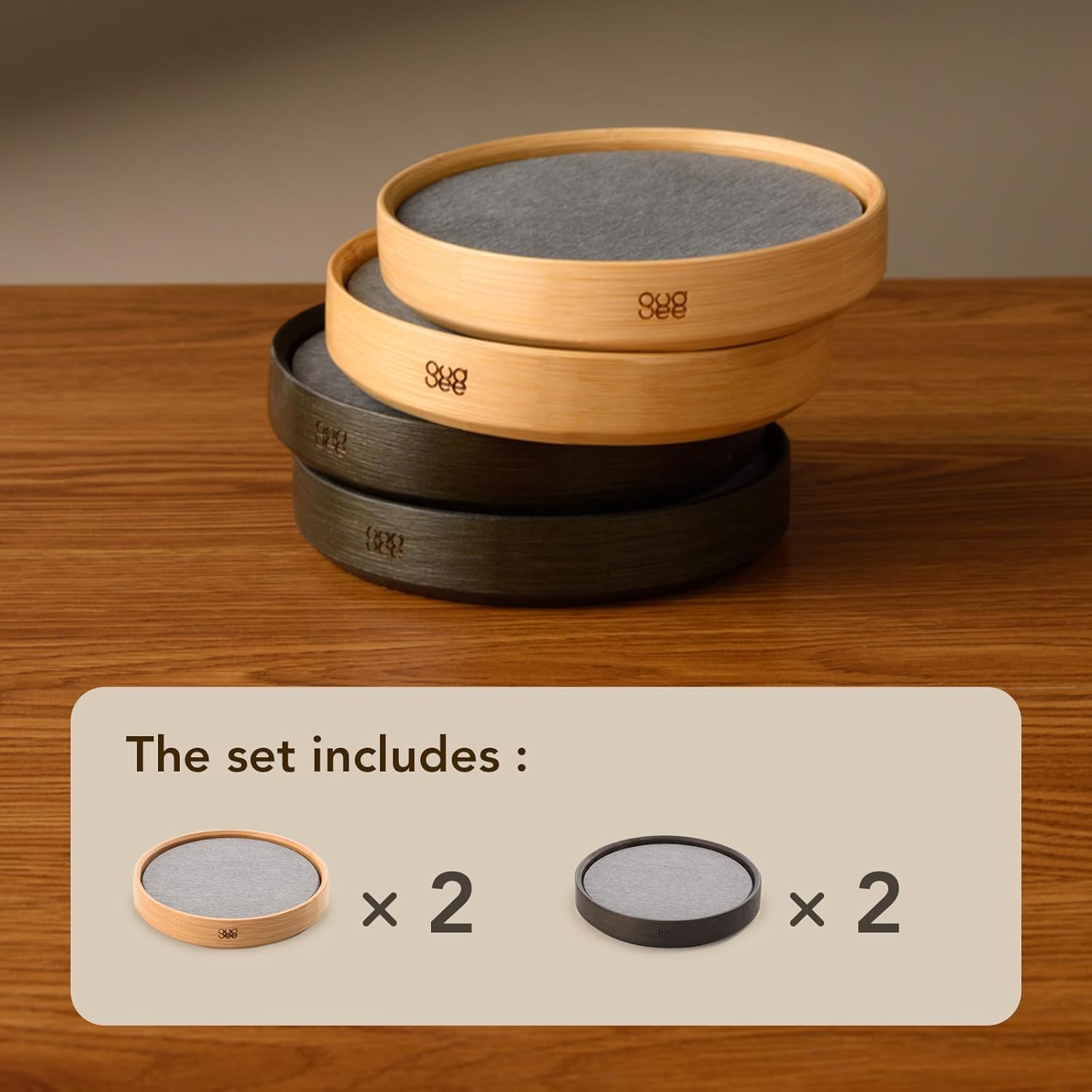 GUDEE TRIVI Set of 4 Absorbent Diatomite Coasters With Diatomaceous Earth and Bamboo Frame, Water Absorbing for Bottles, Dry Table, Countertop, Sink Area, Kitchen Bathroom Surface, Grey