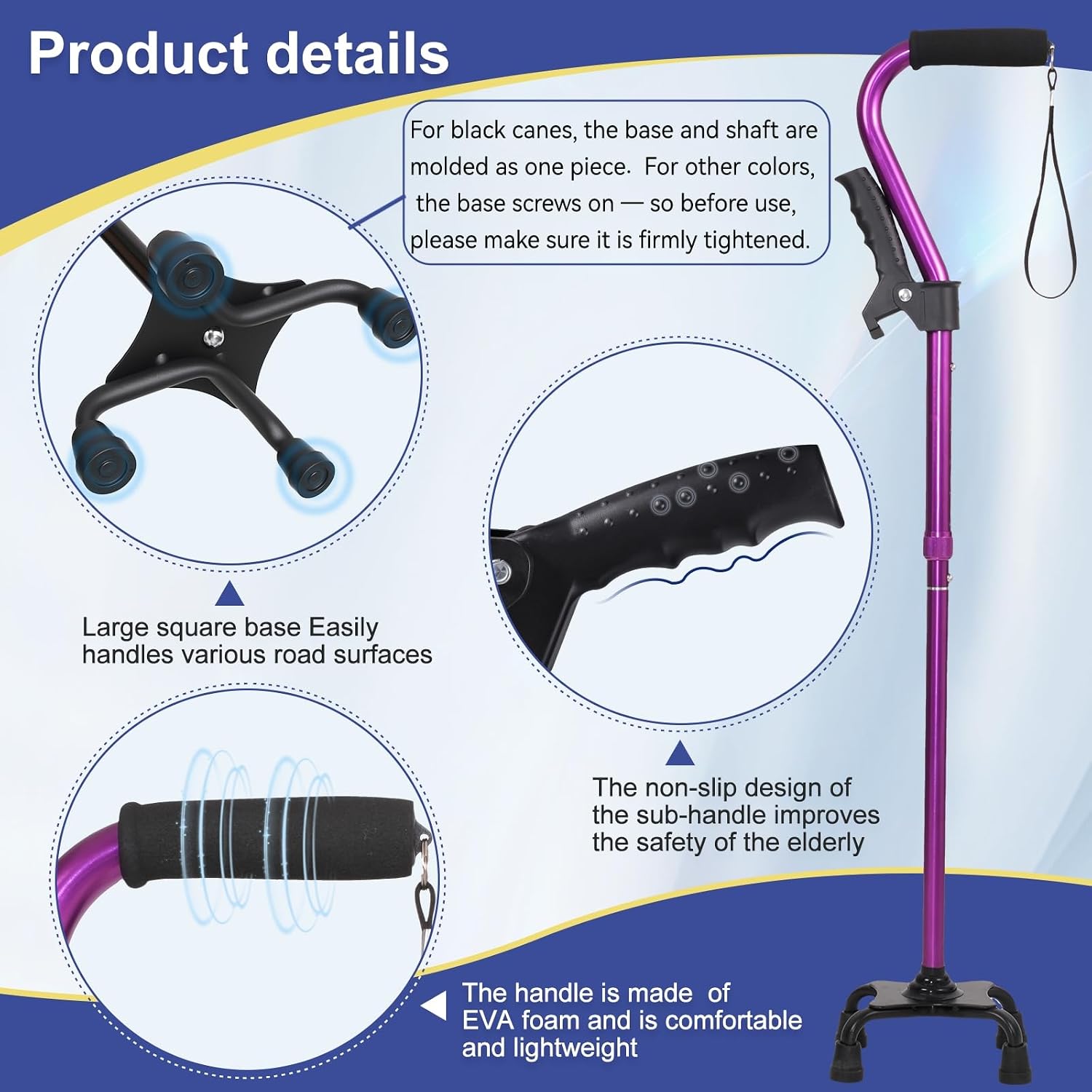 Quad Cane Stand Up Assist Aid for Elderly Women, Canes for Women for Stability, 4 Prong Adjustable Walking Stick for Seniors Balance, Non-Slip Wide Base, Aluminum Foldable Stand Cane