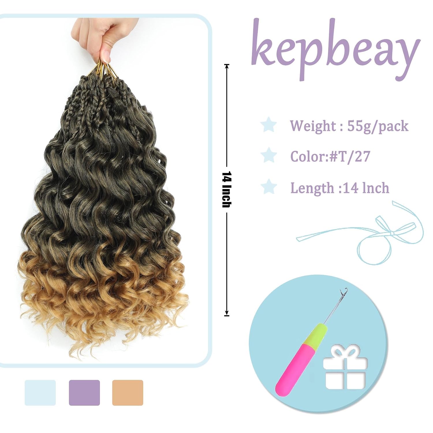 Pre-Looped Ocean Wave Crochet Braids Deep Wavy Crochet Hair Water Wave Braiding Hair Short Curly Pre Twisted Synthetic Boho Braids Short Curly Synthetic Braiding Hair (#T27, 14 Inch (Pack of 8))