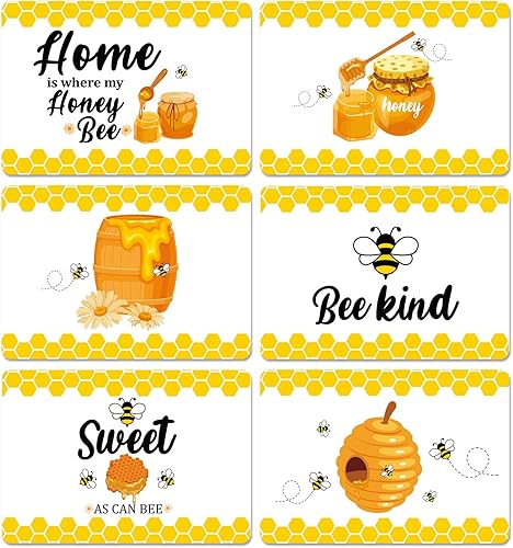 Juego de 6 manteles individuales de abeja de miel, manteles individuales de plástico de verano, manteles individuales de mesa amarillos con tema de