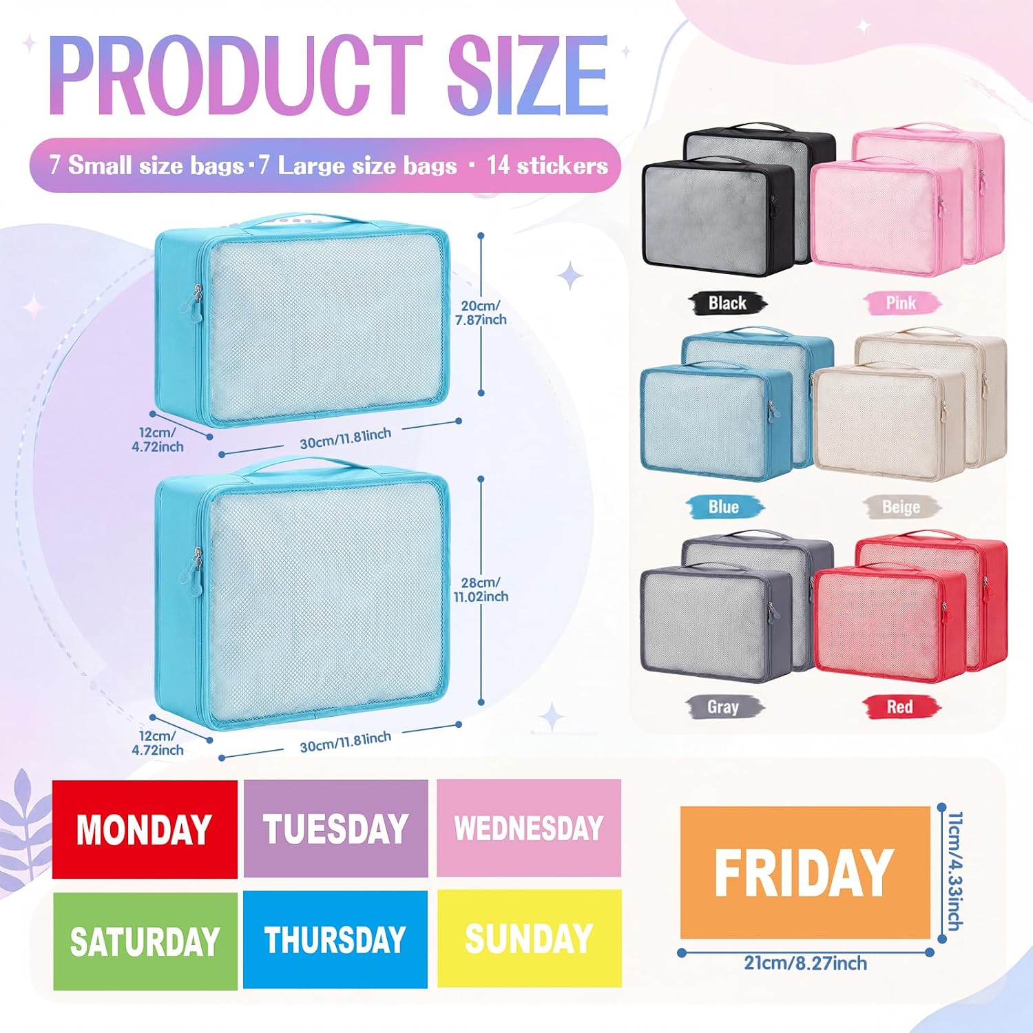 Woanger 14 Pcs Packing Cubes for Travel Days of Week Packing Cubes with Labels Zippered Camping Bag for Summer Camp Essentials