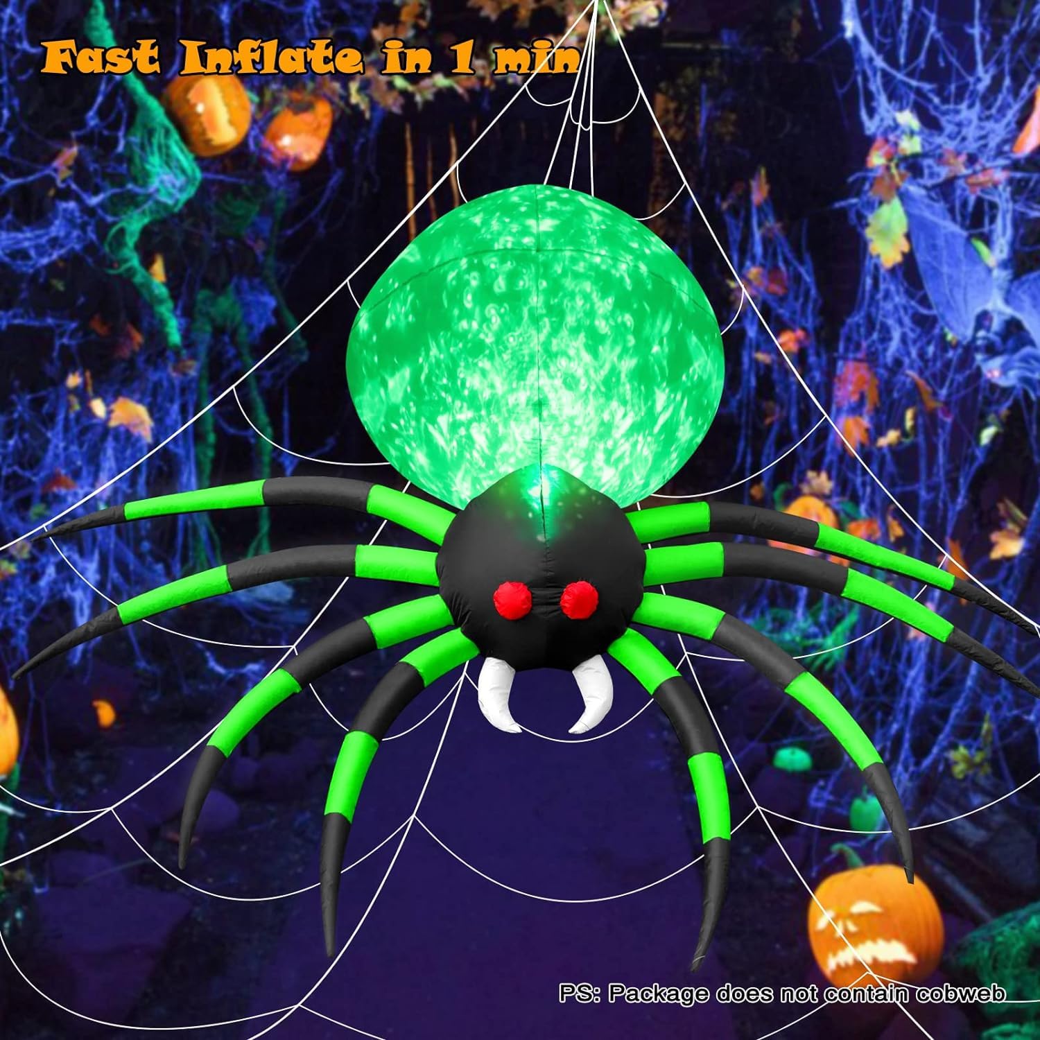 Decorazioni gonfiabili per esterni, ragno di Halloween, 2,4 m, gigante, verde con fiamma rotante che soffia, grandi oggetti di scena spettrali per feste di Halloween, giardino, prato, casa, vacanze,