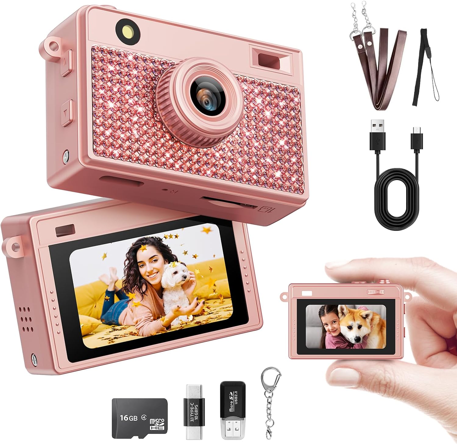 Mini Keychain Camera, 2K 20 MP Bling Mini Digital Camera with 16G Card for Travel and Vlog, Long Battery Life, Photo Video Camera Compact and Portable for Kids, Teens, Rose Gold