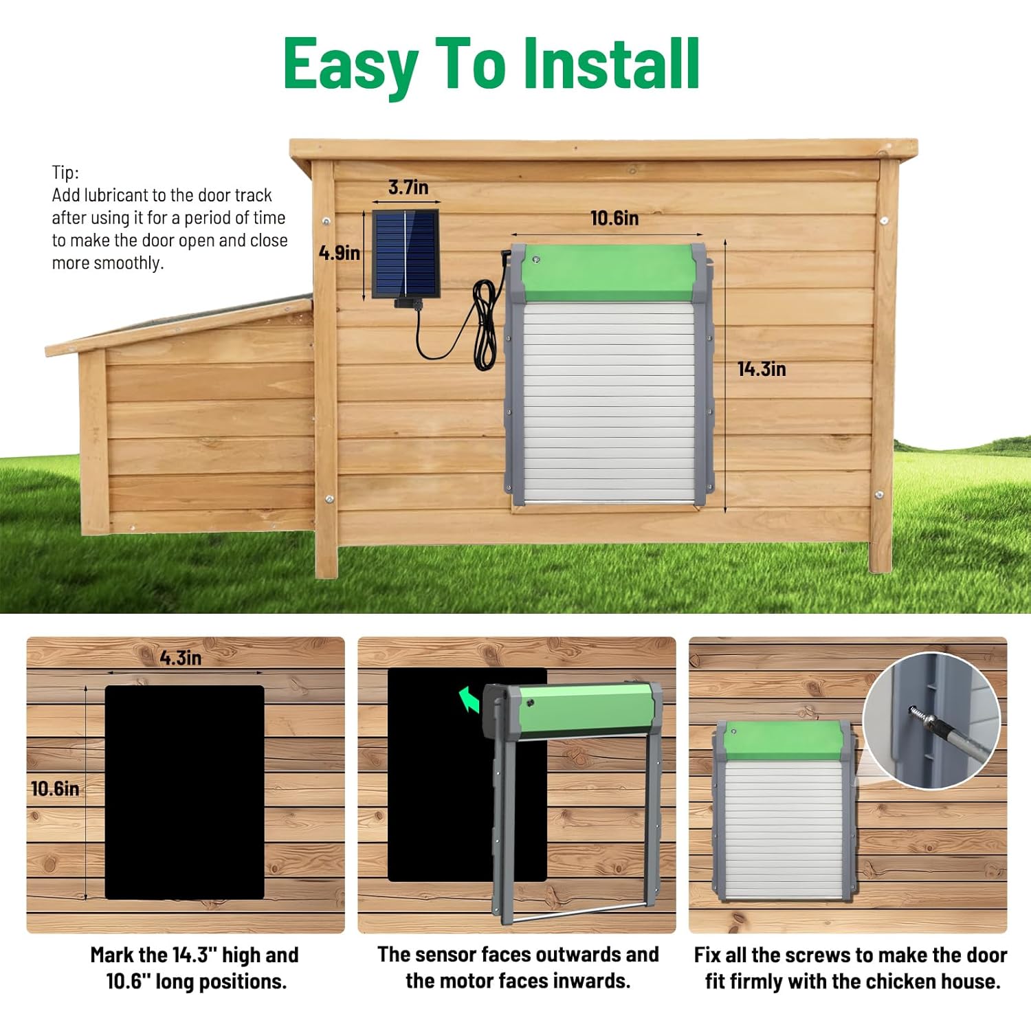 Diagram illustrating the easy installation steps for the chicken coop door, including measuring, cutting, and mounting.