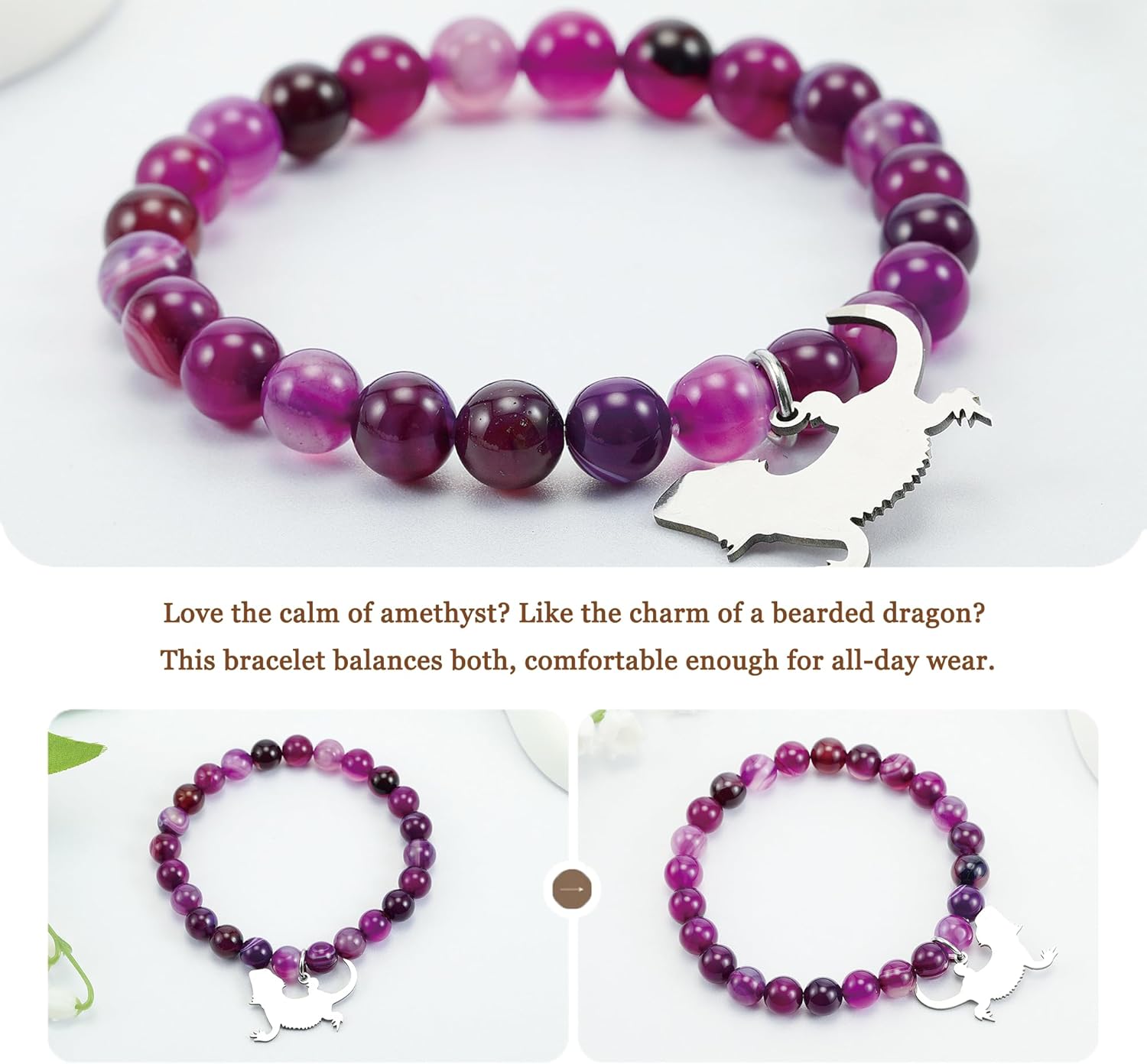 PARTNER Cute Bearded Dragon Gifts for Women Bearded-dragons Natural Stone Beaded Healing Bracelet for Reptile Lover - Image 2