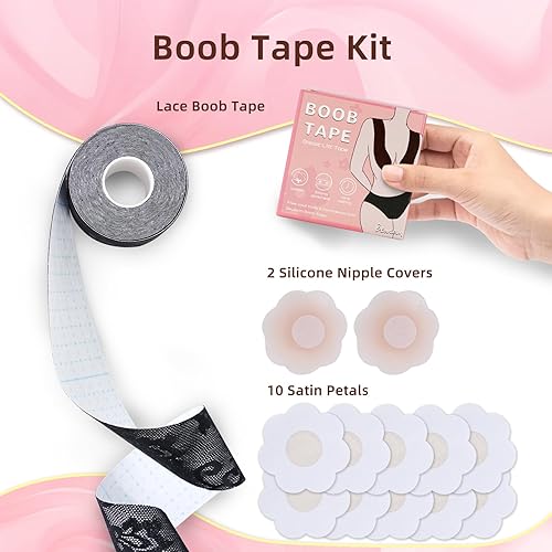 Miniatura 2 de BEWTEIM Cinta de pecho para levantamiento de senos, cintas de encaje para levantamiento de senos, cintas para senos push up, encaje floral, Negro -