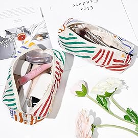 SOIDRAM Corduroy Cosmetic Bag - Large Capacity Makeup Pouch with Stripe Pattern and Makeup Brush Storage - Travel Toiletry Bag Organizer