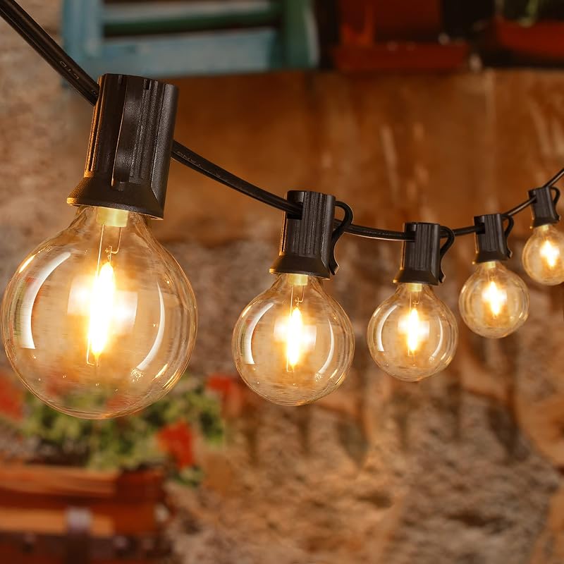 Ollny Cadena de luces para exteriores de 100 pies, impermeable, conectable, inastillable, luz exterior con 50 Edison + 3 bombillas LED de repuesto enchufables, luces de patio para interior, balcón, porche, cubierta de camping