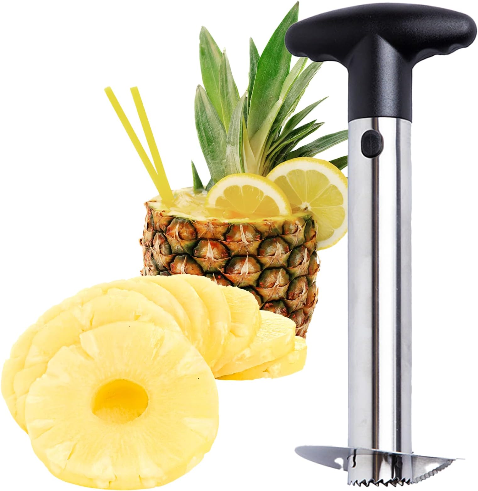 Stainless Steel Pineapple Corer with a Recipe eBook Includes One Year Warranty - Core Remover Tool with Detachable Handle - Fast and Easy Fruit Pineapple Cutter Peeler Corer Slicer