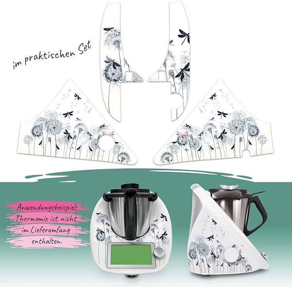 Adesivo protettivo decorativo compatibile con robot da cucina Bimby TM6, accessorio da cucina, impermeabile, autoadesivo RX042 (22 dente di leone e libellule) - 3
