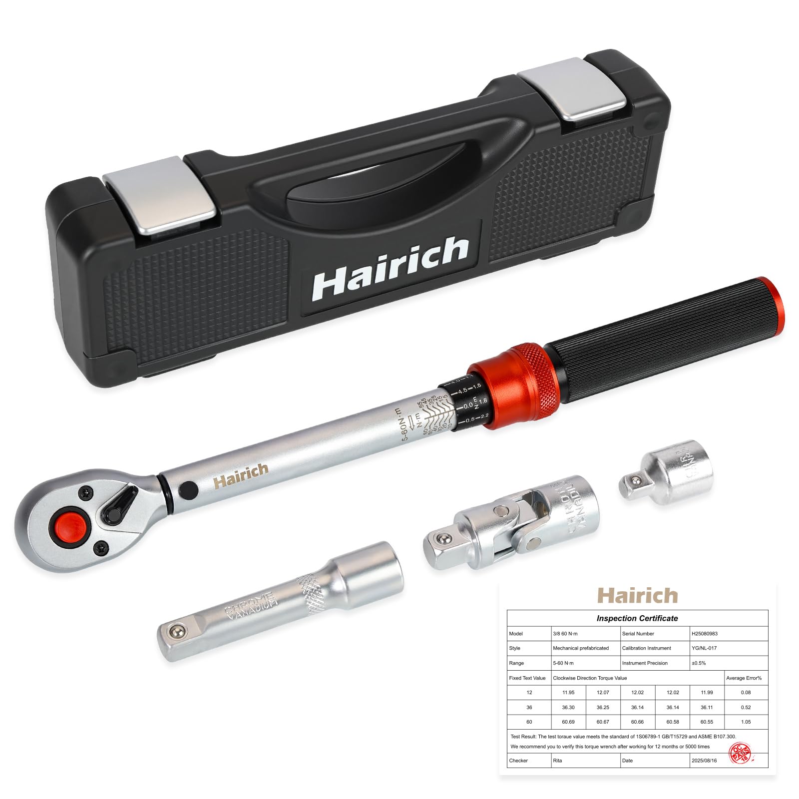 Hairich Llave dinamométrica de 3/8 pulgadas 5-60 Nm para bicicleta, motocicleta y coche – 72 dientes cabeza de carraca, juego de 3 piezas con extensión de 125 mm y adaptador de 3/8 "-1/4", perfecto