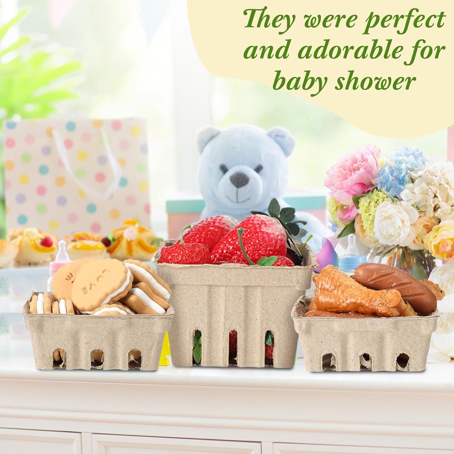 Nosiny 120 Pcs Natural Pulp Fiber Berry Basket Produce Vented 60 Middle Berry Picking Basket and 60 Pcs Small Container Holder Paper Box for Fruits Vegetable Farmer Market Grocery, 2 Size