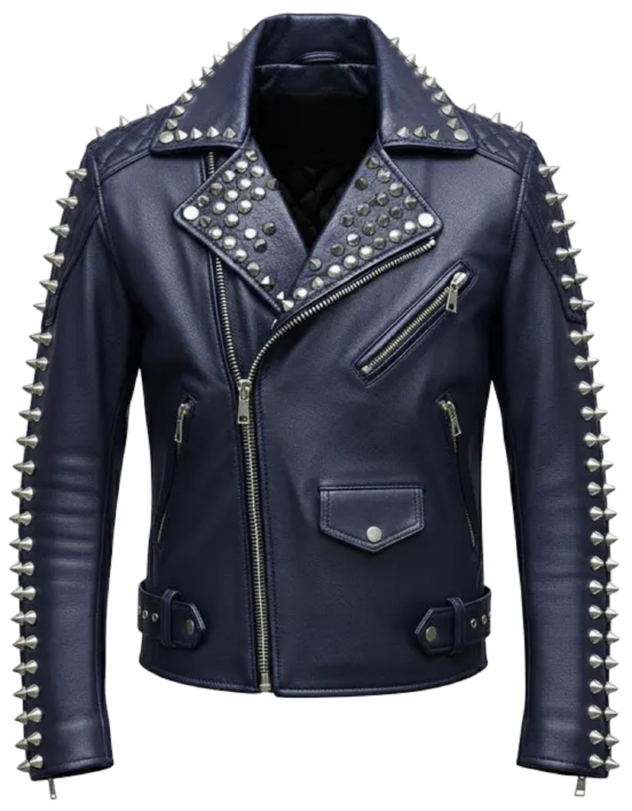 Chaqueta de cuero azul marino con tachuelas para hombre, ropa de abrigo punk rock con pinchos para Halloween